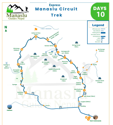Express Manaslu Circuit Trek 10 Days Map | Short Manaslu Trek Nepal