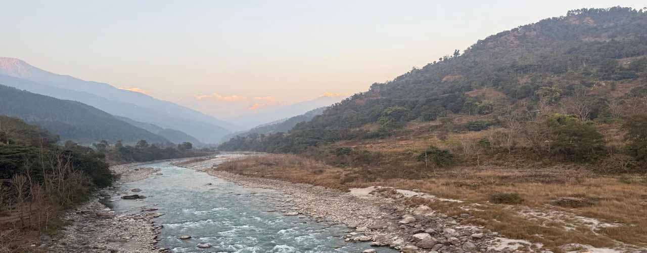Budhi Gandaki Valley in the Manaslu region of Nepal showing the Budhi Gandaki River flowing south toward Benighat where it meets the Trishuli River.