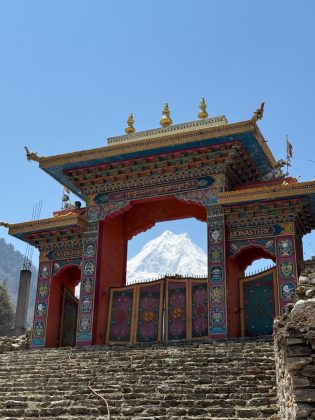 Nyingmapa monastery gate in Lho village on the Manaslu Circuit Trek.